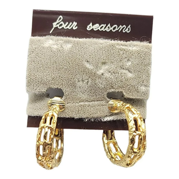 Four Seasons Gold Tone Basket Weave Full Hoop Clip On Earrings - Picture 1 of 4